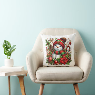 Festive Snowman in Red and Green Colours Cushion