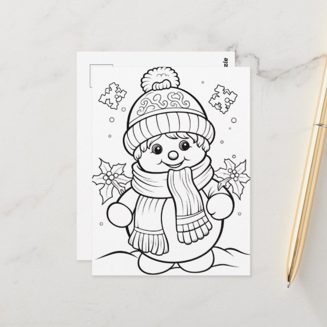 Festive snowman kids colouring  postcard (Front/Back In Situ)