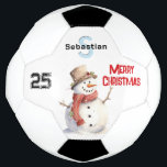 Festive Snowman Monogrammed Merry Christmas Soccer Ball<br><div class="desc">Enhance your seasonal soccer games with this festive football. The ball pictures a friendly snowman in watercolor style, accompanied by a number and 'Merry Christmas' greeting in red lettering. Personalise with the lucky recipient's initial and name, which will be displayed prominently as a monogram. You can also edit the number...</div>