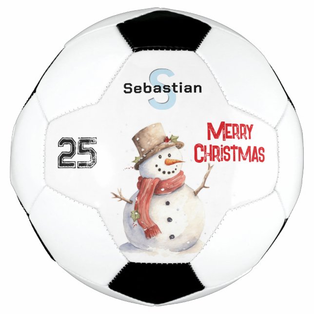 Festive Snowman Monogrammed Merry Christmas Soccer Ball (Front)