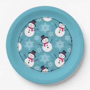 Festive Snowman on Blue Pattern Paper Plate