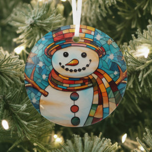 Festive Snowman Stained Glass   Glass Tree Decoration