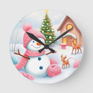 Festive Snowman with Deer in a Winter Wonderland Round Clock
