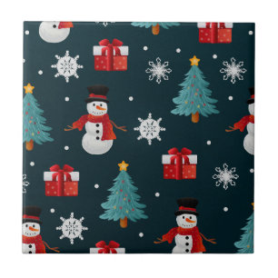 Festive Snowmen Christmas Trees and Gifts Pattern Ceramic Tile
