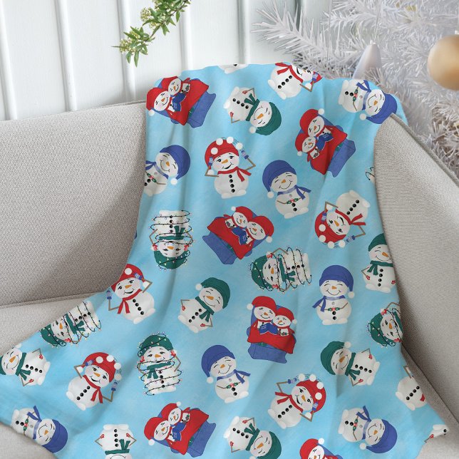 Festive Snowmen Watercolor Christmas Pattern Fleece Blanket (Creator Uploaded)