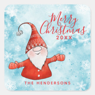 Festive Snowy Blue and Red Gnome Merry Christmas Square Sticker