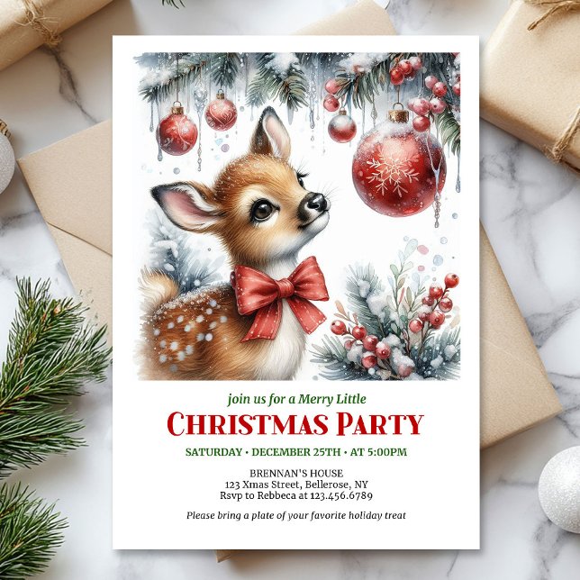 Festive snowy forest baby deer Christmas invite  (Festive snowy forest baby deer Christmas invite editable)