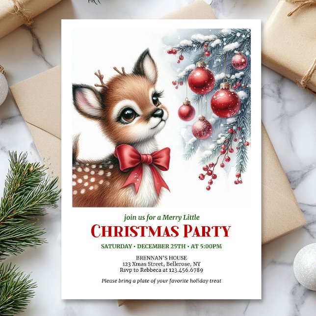 Festive snowy forest baby deer Christmas invites (Festive snowy forest baby deer Christmas invitation printable)