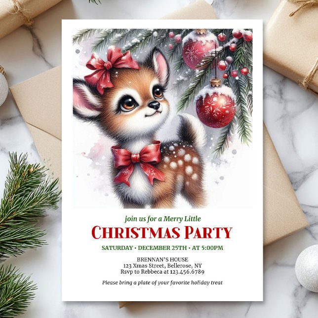 Festive snowy forest baby deer Christmas invites (Festive snowy forest baby deer Christmas invitation editable card)