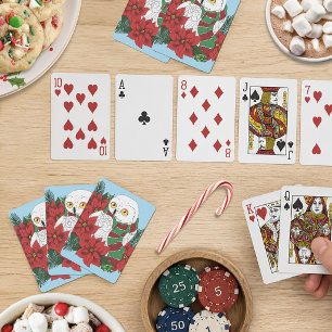 Festive Snowy Owl Red Poinsettias Christmas Scarf Playing Cards