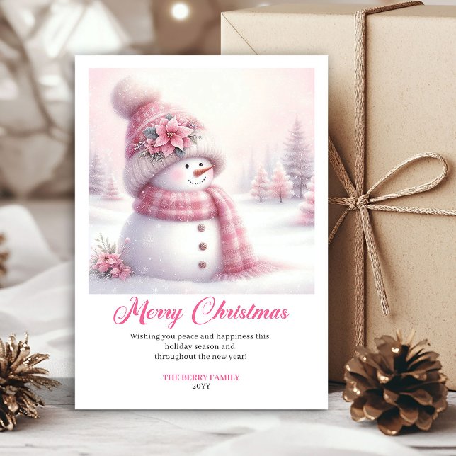 Festive snowy pink snowman kids greeting card edit (Festive snowy pink snowman kids greeting card edit)