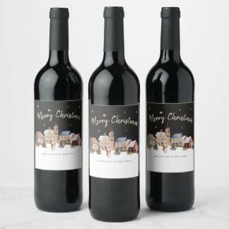 Festive Snowy Village Watercolor Christmas Wine Label