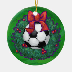 Festive Soccer Ball Christmas Wreath on Green Ceramic Tree Decoration