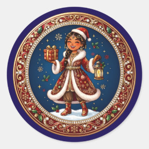 Festive South Asian Santa Girl Christmas Ornament Classic Round Sticker