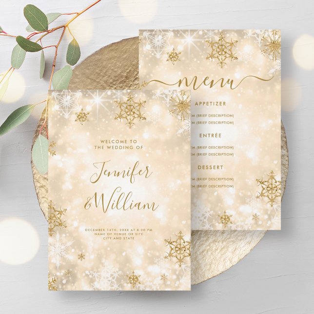 Festive Sparkle Gold Winter Wedding Menu  Invitation (Festive Sparkle Gold Winter Wedding Menu Invitation)