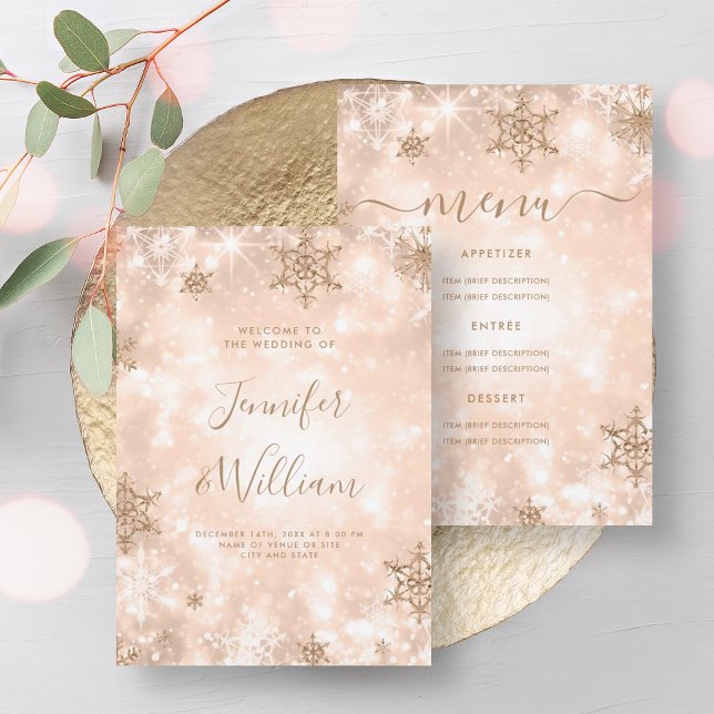 Festive Sparkle Rose Gold Winter Wedding Menu  Invitation (Festive Sparkle Rose Gold Winter Wedding Menu Invitation)