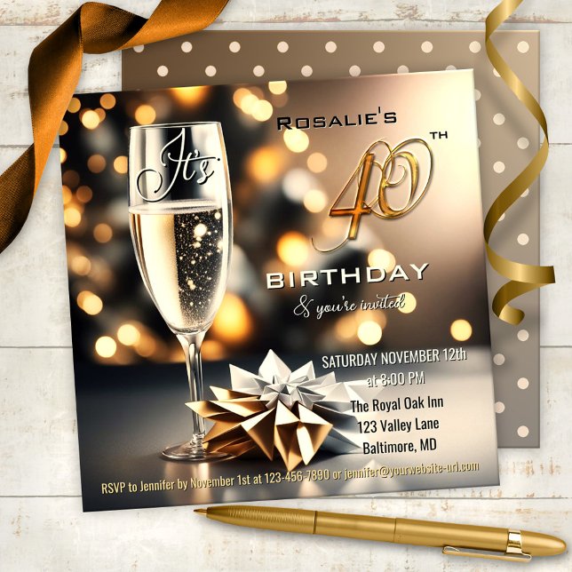 Festive Sparkling 40th Birthday Invitation (Chic and festive 40th birthday party invitation featuring a sparkling beverage on a bokeh background)