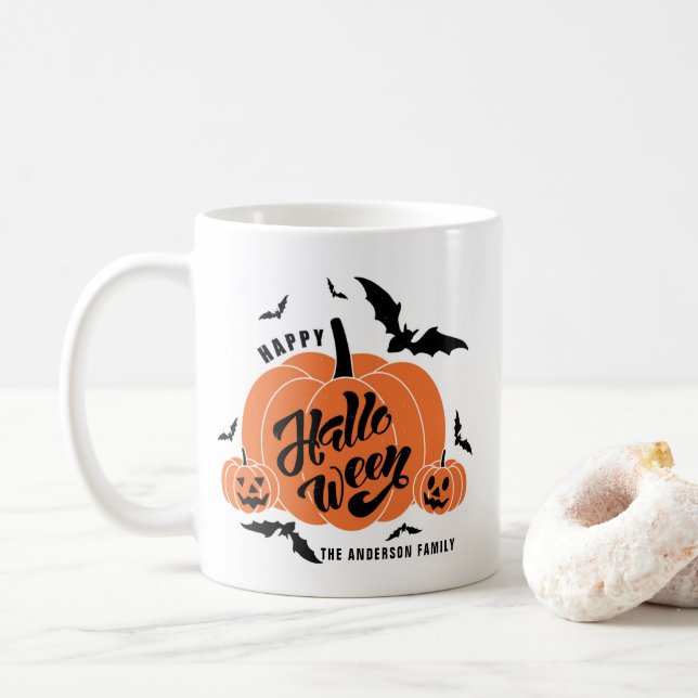 Festive Spooky Pumpkins Happy Halloween Coffee Mug (With Donut)