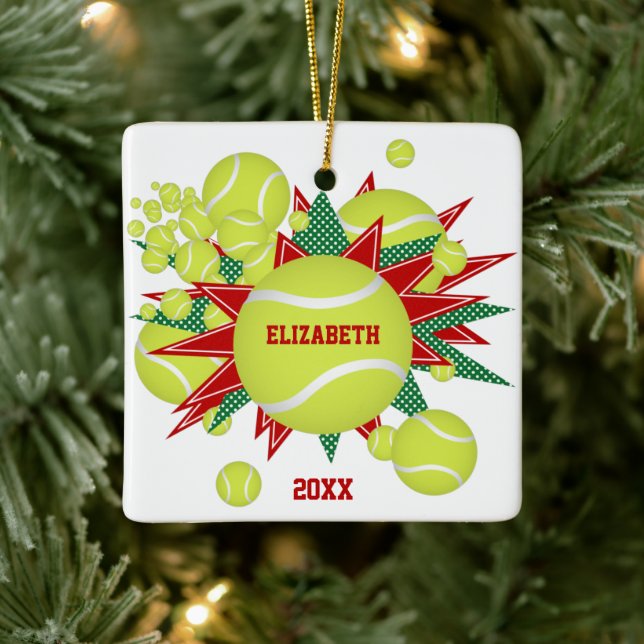 festive sports red green tennis ball blowout ceramic ornament (Tree)