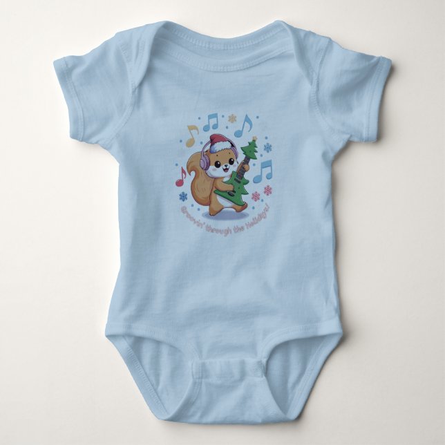 Festive Squirrel Playing Guitar Surrounded by Snow Baby Bodysuit (Front)