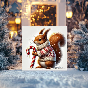 Festive Squirrel with Knitted Sweater and Candy Holiday Card