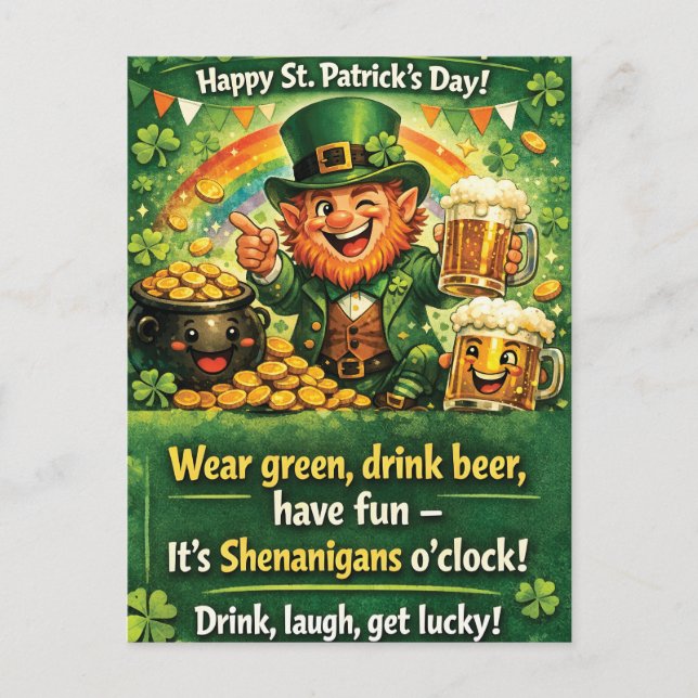 Festive St. Patrick's Day Leprechaun Greeting Postcard (Front)