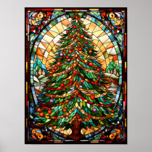 Festive Stained Glass Christmas Tree Holiday Art Poster