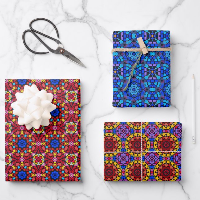 Festive Stained Glass Christmas Tree Wrapping Paper Sheet (Front)