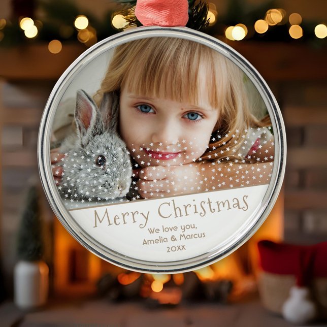 Festive Star Merry Christmas Family Keepsake Photo Metal Ornament (Creator Uploaded)