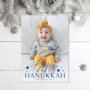 Festive Starry Happy Hanukkah Blue Photo Holiday Card