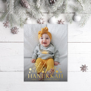 Festive Starry Happy Hanukkah Photo Gold Foil Holiday Postcard