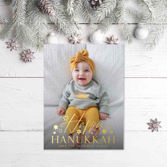 Festive Starry Happy Hanukkah Photo Gold Foil Holiday Postcard (Creator Uploaded)