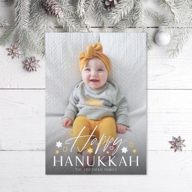Festive Starry Happy Hanukkah Photo Holiday Card (Creator Uploaded)