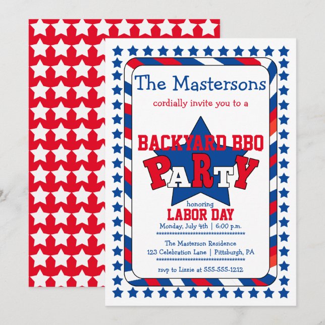 Festive Stars and Stripes Patriotic Labour Day BBQ Invitation (Front/Back)
