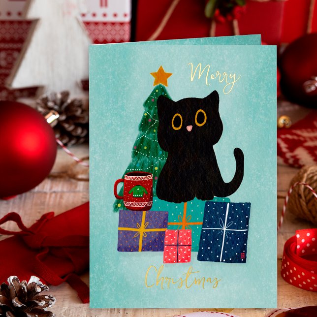 Festive Stars Blue Gold Christmas Black Cat Coffee Foil Holiday Card (Creator Uploaded)