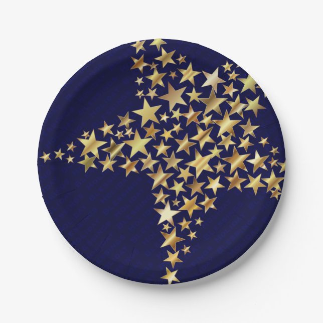 FESTIVE STARS Holiday Blessings BLUE Party Paper Plate (Front)