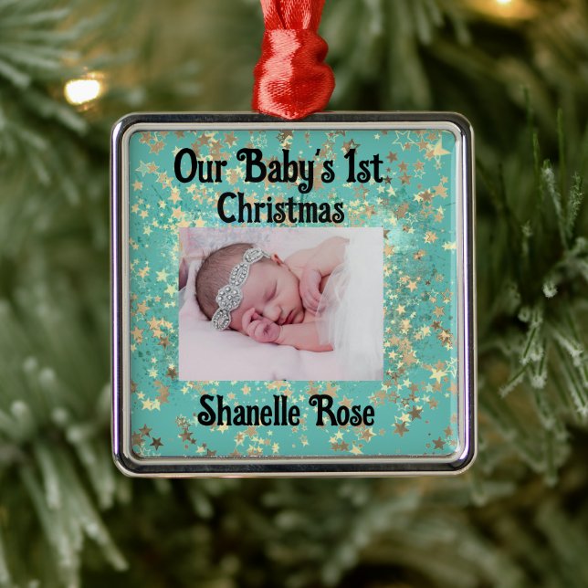 Festive Stars Personalised 1st Baby Photo Metal Ornament (Tree)