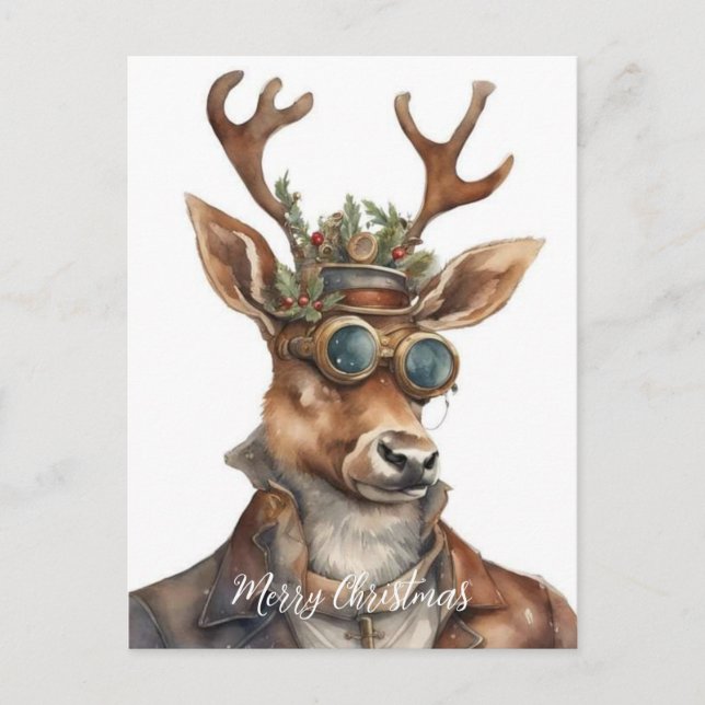 Festive Steampunk Christmas Reindeer Postcard (Front)