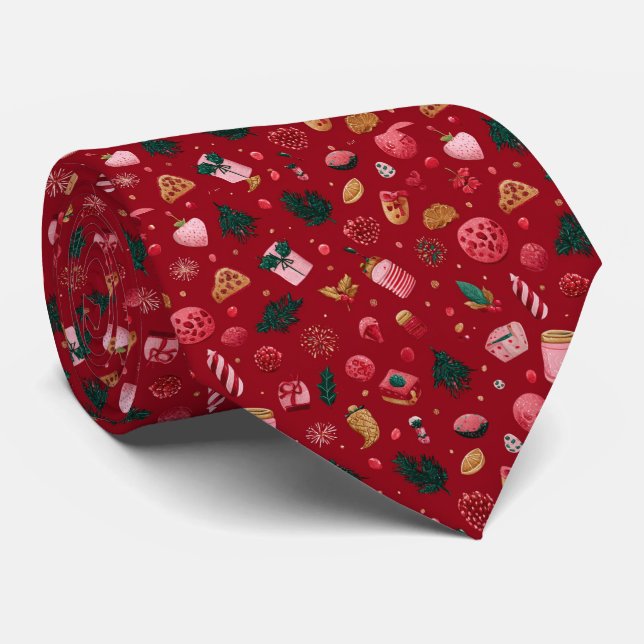 Festive Strawberry Christmas Treats Pattern Tie (Rolled)