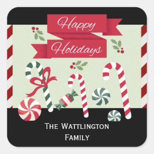 Festive Stripe Candy Happy Holidays Custom Name Square Sticker