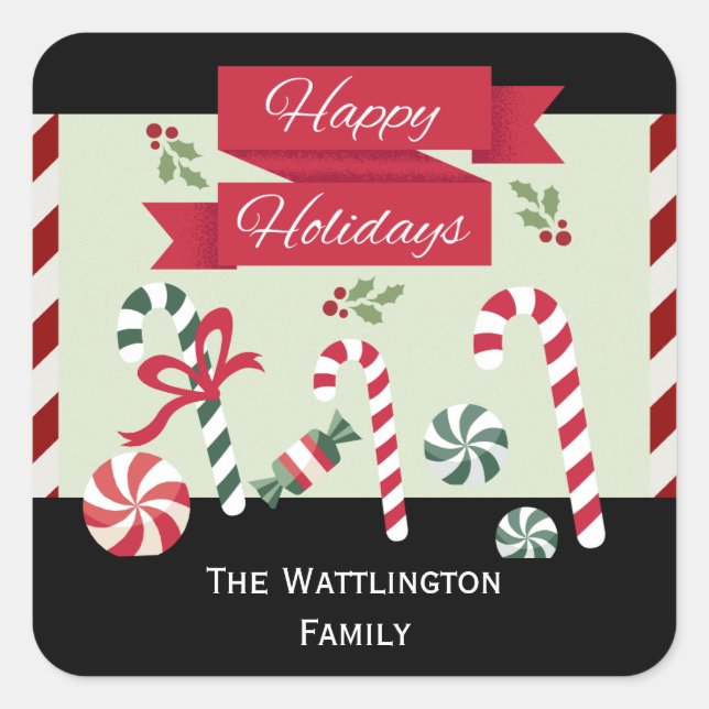 Festive Stripe Candy Happy Holidays Custom Name Square Sticker (Front)