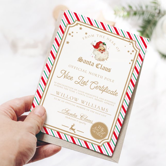 Festive Stripe Nice List Certificate Card (Christmas Nice List Certificate )