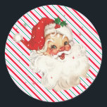 Festive Stripe Retro Santa Classic Round Sticker<br><div class="desc">These festive Christmas red,  pink,  green and white stripe stickers feature a retro vintage Santa. For more advanced customisation of this design,  simply select the "Customise It" button above.</div>