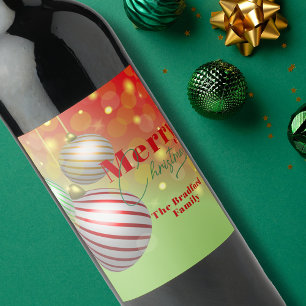 Festive Striped Christmas Ornaments Red Green Gold Wine Label