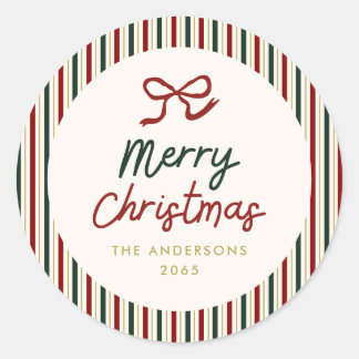 Festive Stripes & Bow Christmas Classic Round Sticker