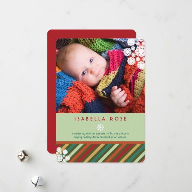 Festive Stripes Holiday Photo Birth Announcement (Front/Back In Situ)