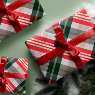 Festive Stylish Candy Cane Red Green Plaid Pattern Wrapping Paper Sheet