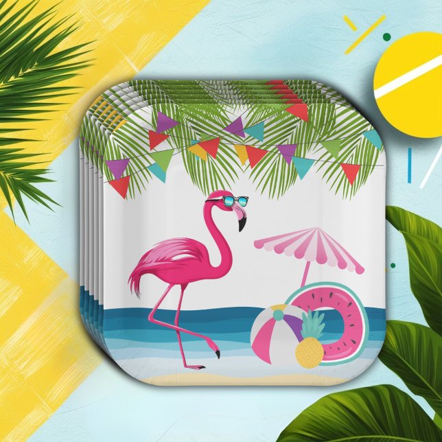 Festive Summer Beach Pink Flamingo Baby Shower Paper Plate (Creator Uploaded)