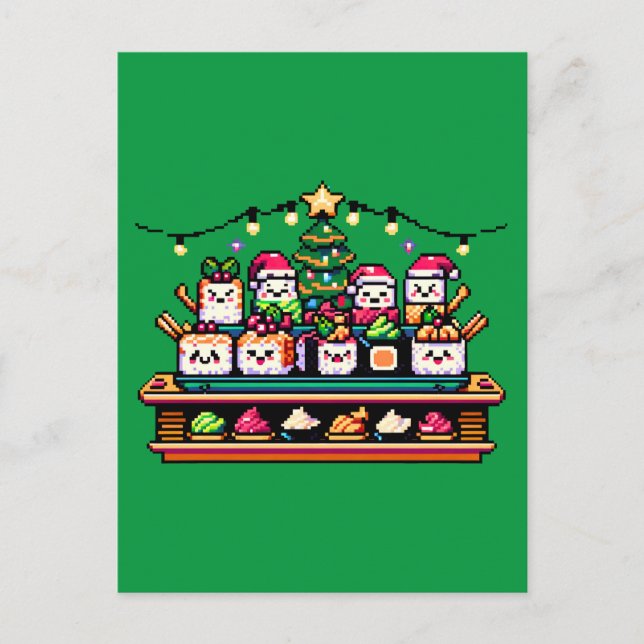 Festive Sushi Christmas Tree - Cute Pixel Art Postcard (Front)