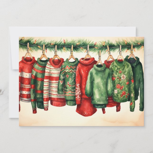 Festive Sweaters Hanging on a Clothesline Holiday Card (Front)